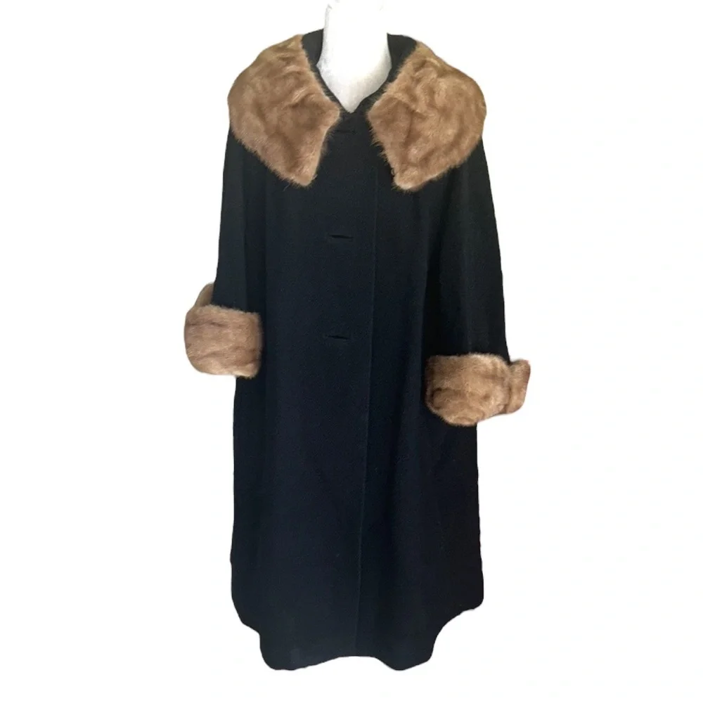 Vintage 60s Black Mink Long Fur Trim Collar Swing Coat Styled by Fenway - M